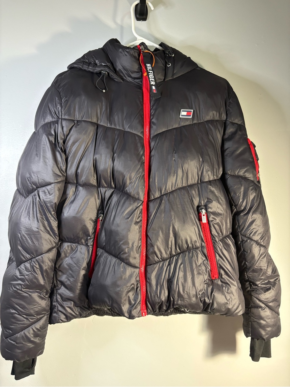 Tommy Hilfiger Black Puffer Jacket with Red Trim